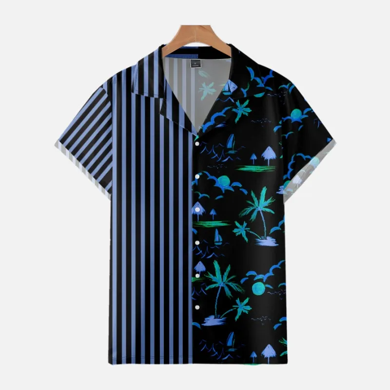 STRIPED AND PALM TREE PATCHWORK ALOHA SHIRT