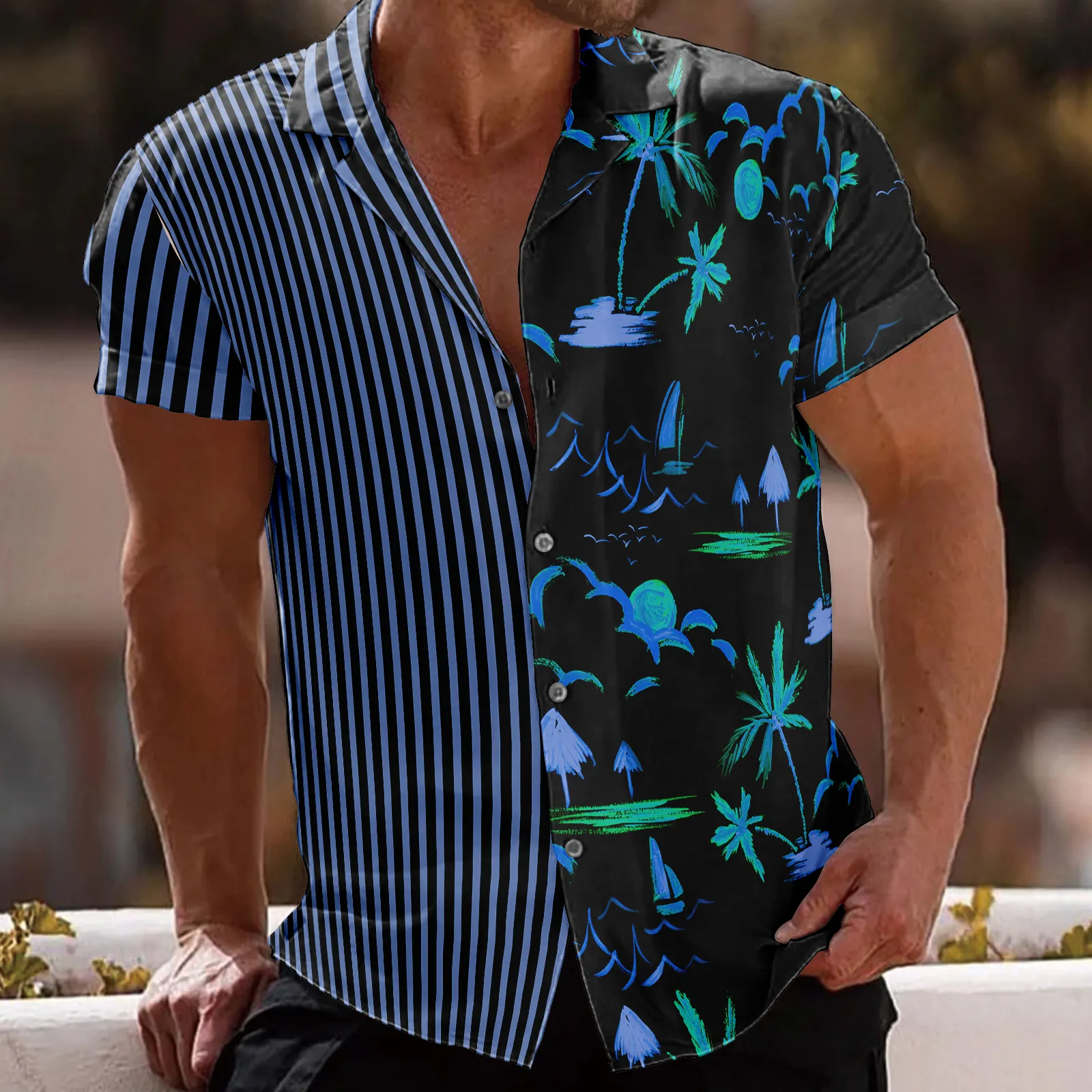 STRIPED AND PALM TREE PATCHWORK ALOHA SHIRT