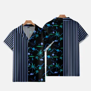 STRIPED AND PALM TREE PATCHWORK ALOHA SHIRT