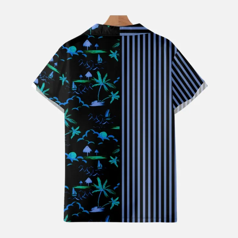 STRIPED AND PALM TREE PATCHWORK ALOHA SHIRT