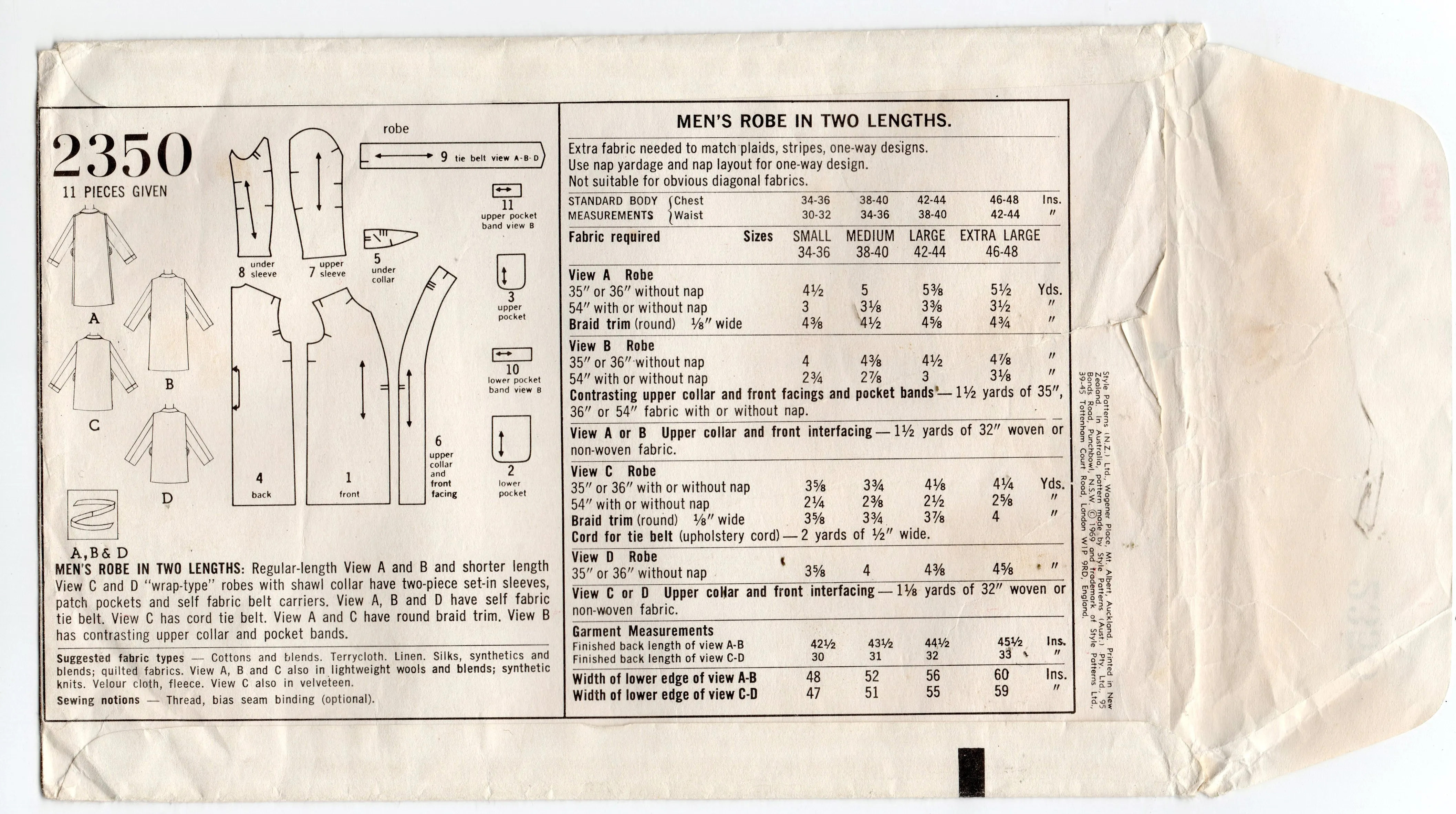 Style 2350 Mens Shawl Collar Robe 1960s Vintage Sewing Pattern Size Large Chest 42 - 44 inches