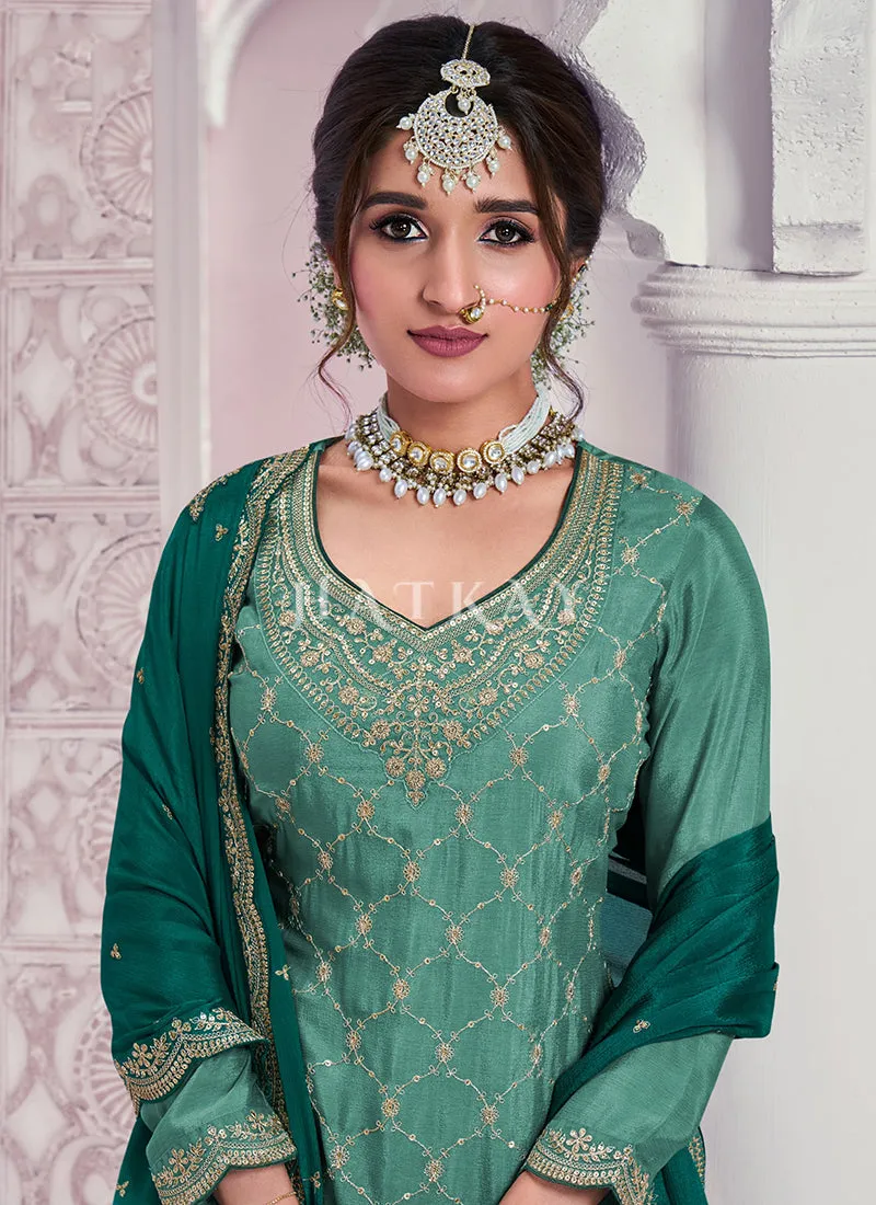 Teal Green Embroidered Festive Sharara Style Suit