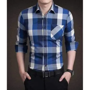 Trendy Shirt Collar Color Block Checked One Pocket Slimming Long Sleeve Cotton Blend Shirt For Men - Blue L