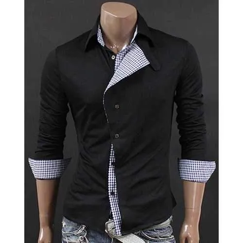 Turn-Down Collar Checked Splicing Design Long Sleeve Shirt For Men - Black Xl