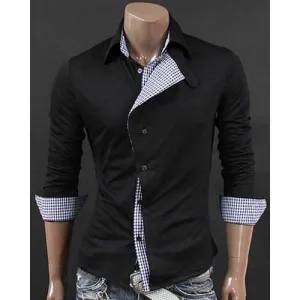 Turn-Down Collar Checked Splicing Design Long Sleeve Shirt For Men - Black Xl