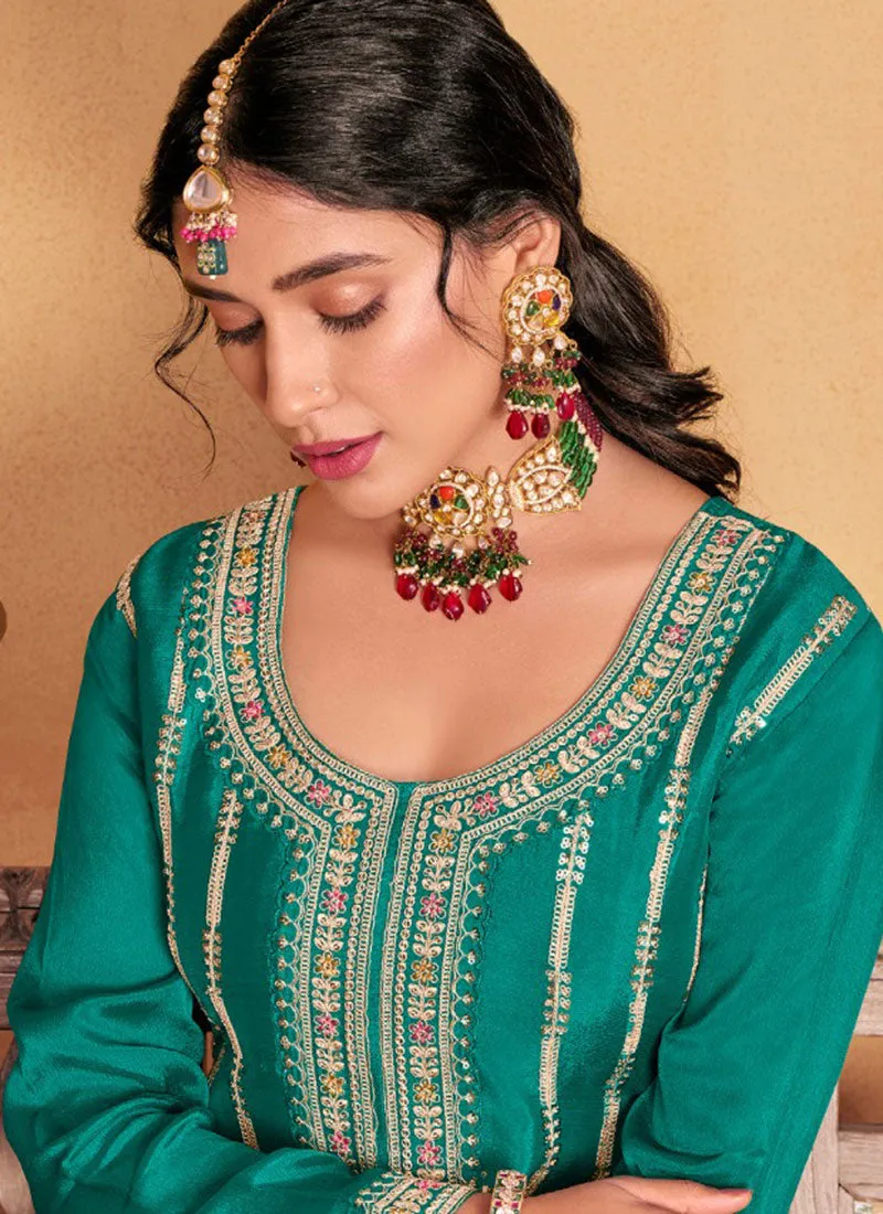 Turquoise And Pink Multi Embroidery Anarkali Palazzo Suit