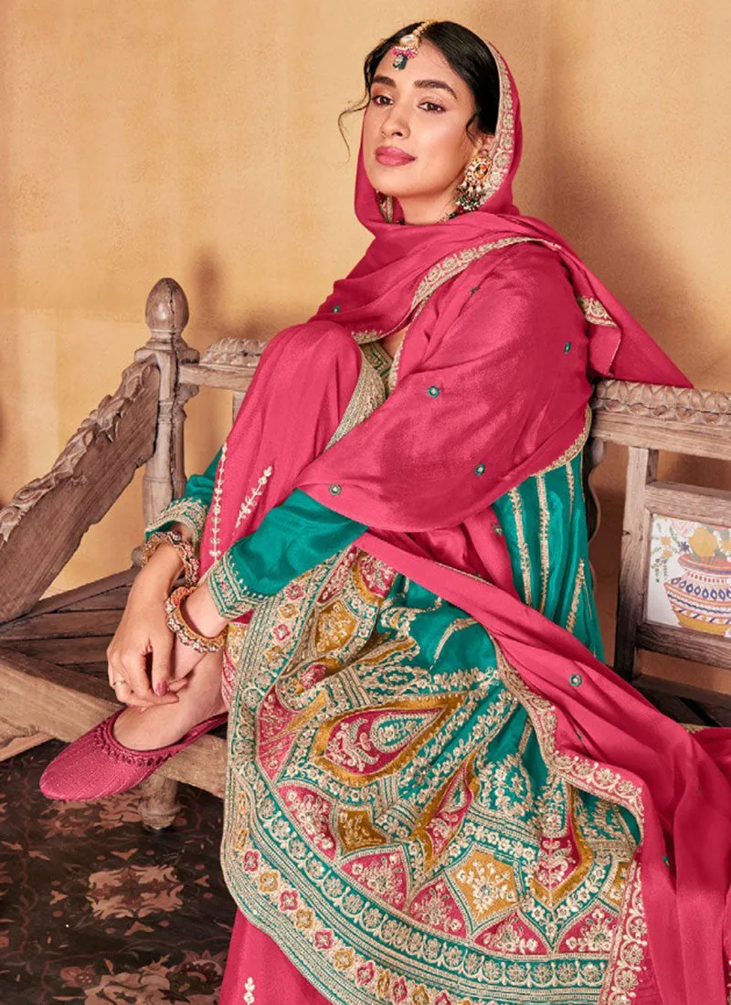 Turquoise And Pink Multi Embroidery Anarkali Palazzo Suit