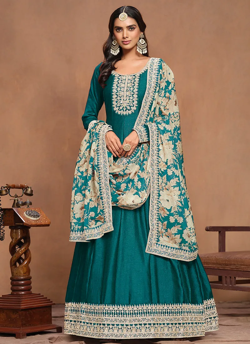 Turquoise Embroidery Silk Anarkali Suit