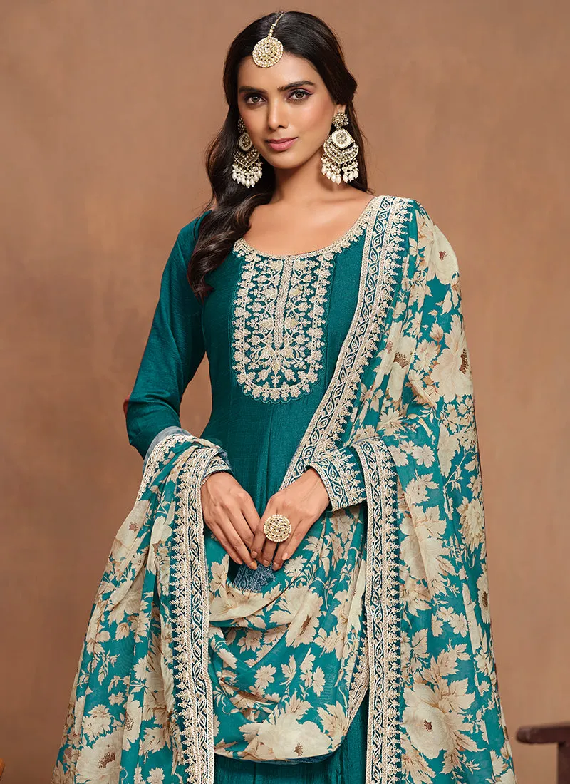 Turquoise Embroidery Silk Anarkali Suit