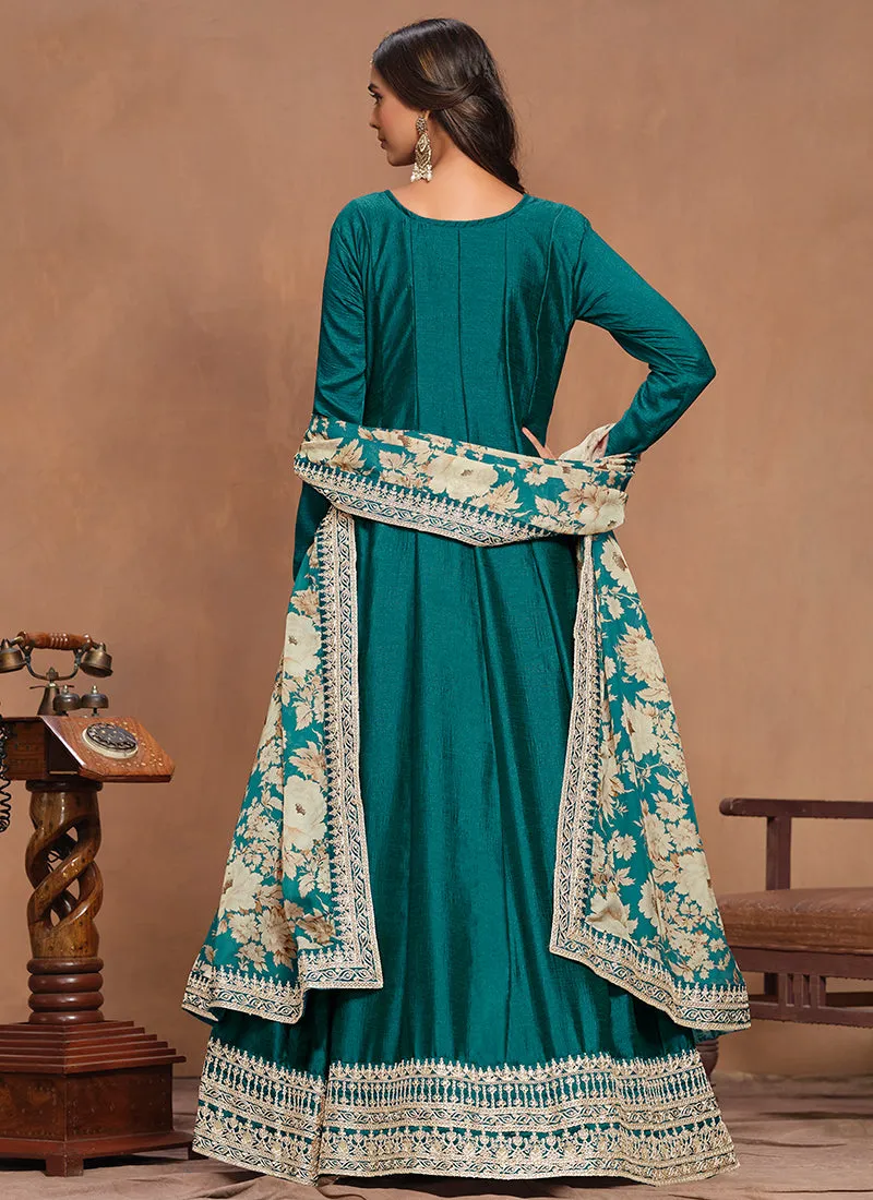 Turquoise Embroidery Silk Anarkali Suit