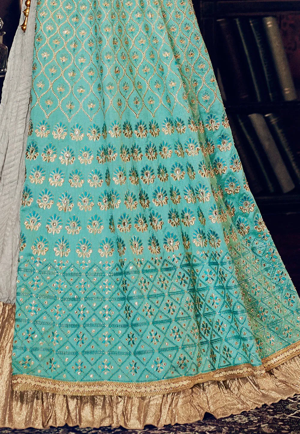 Turquoise Green Designer Anarkali Lehenga Style Suit