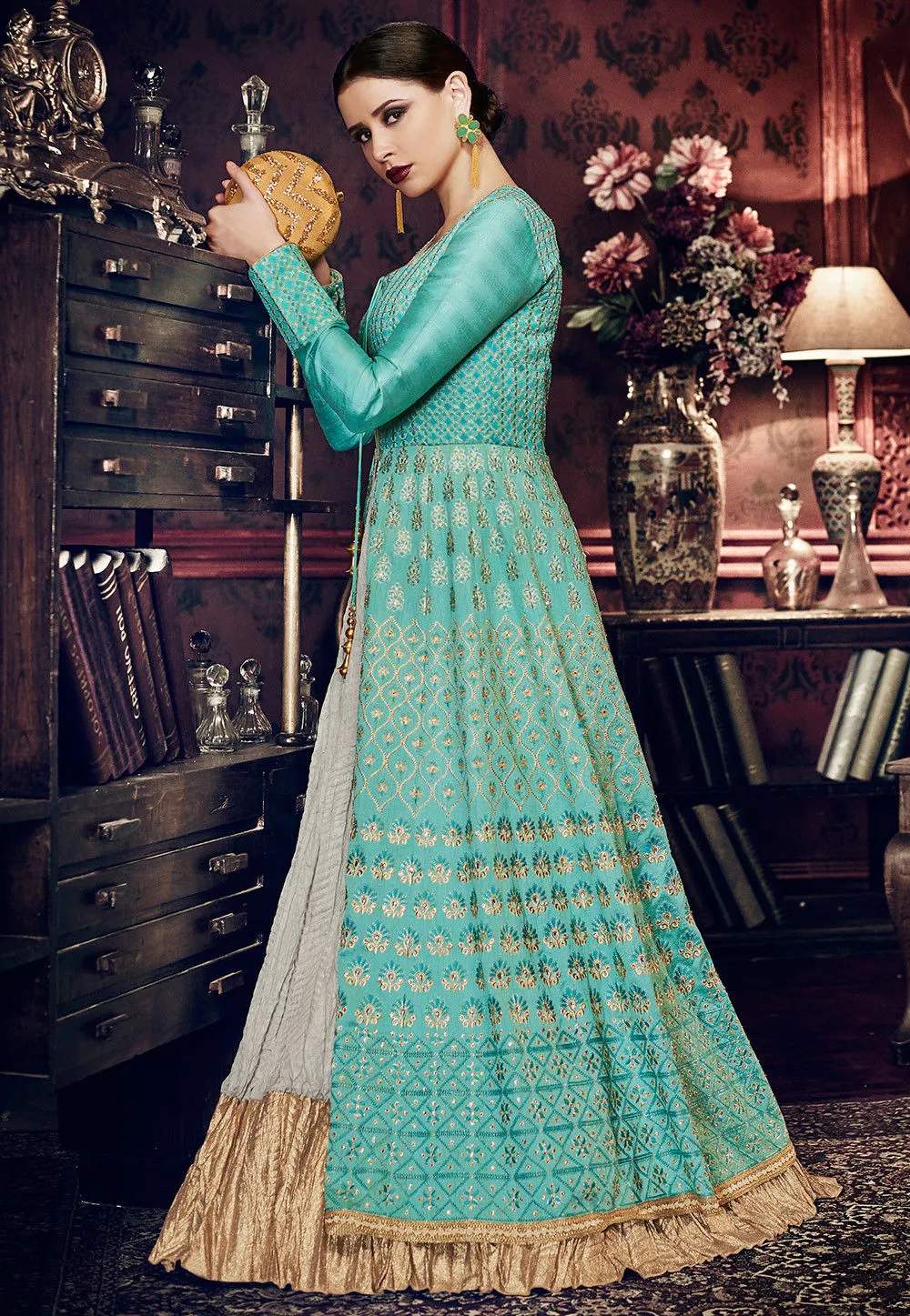 Turquoise Green Designer Anarkali Lehenga Style Suit