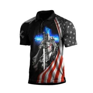 USA FLAG GRAPHIC PATCHWORK RAGLAN POLO SHIRT