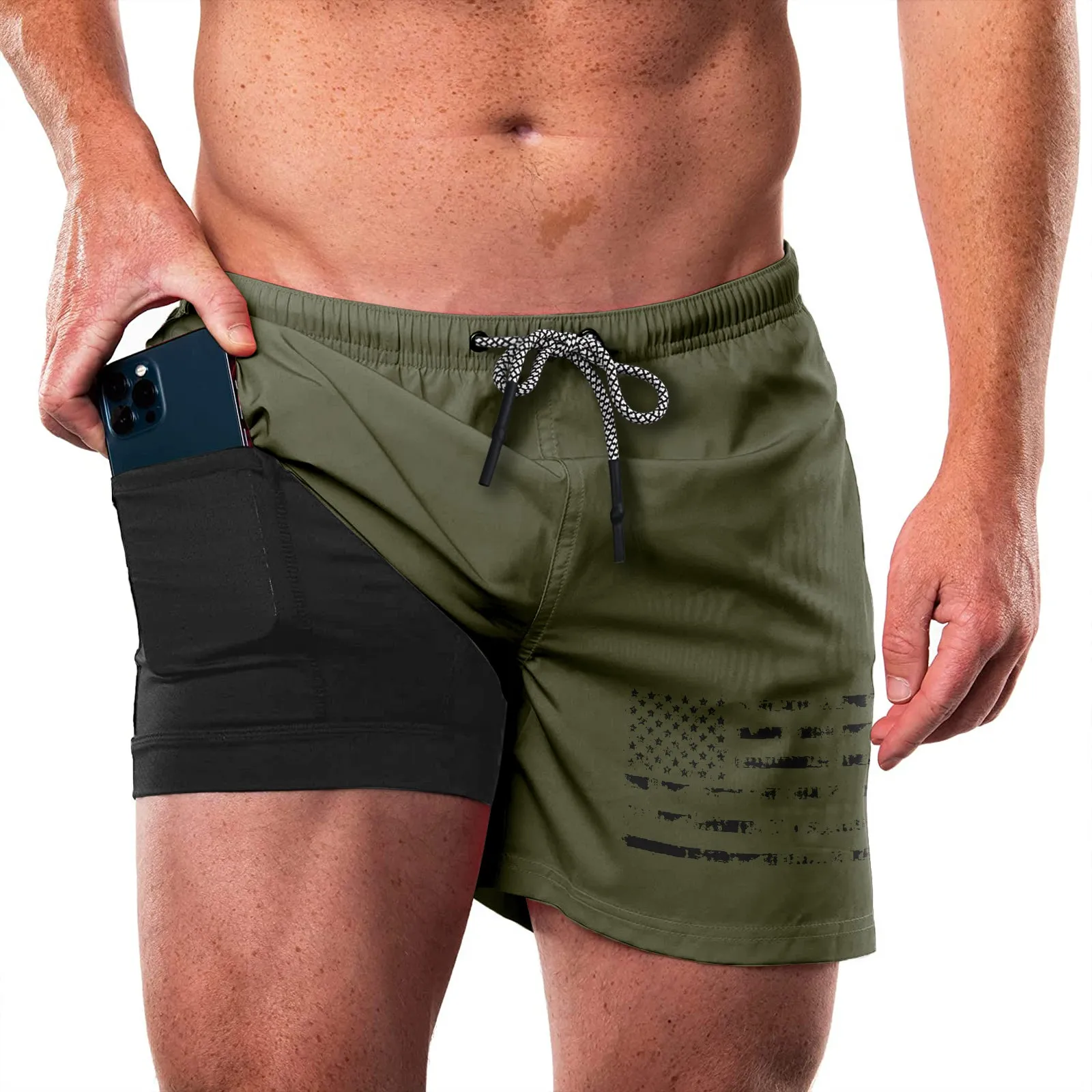 USA FLAG QUICKDRY POCKET 2 IN 1 7'' INSEAM RUNNING SHORTS