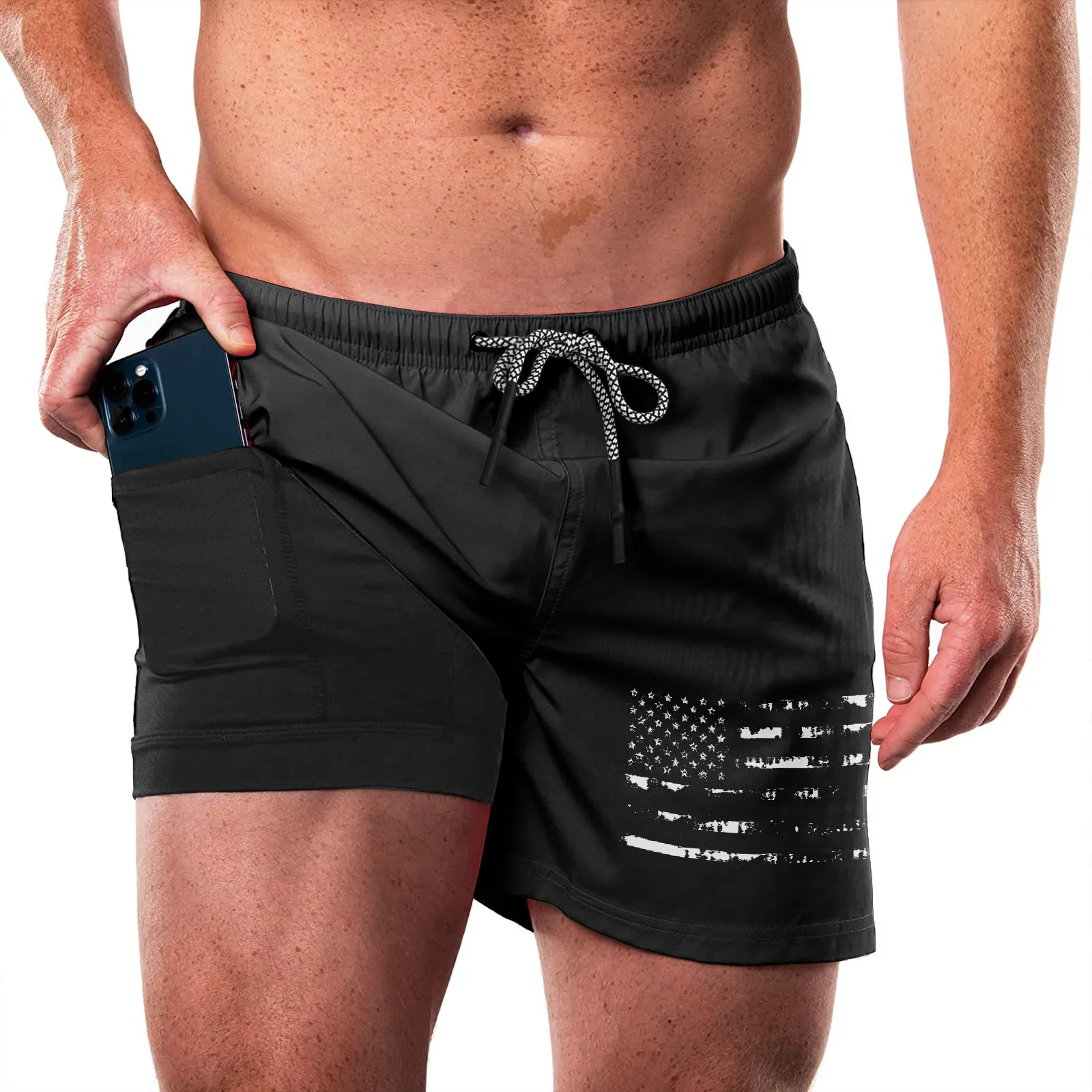 USA FLAG QUICKDRY POCKET 2 IN 1 7'' INSEAM RUNNING SHORTS