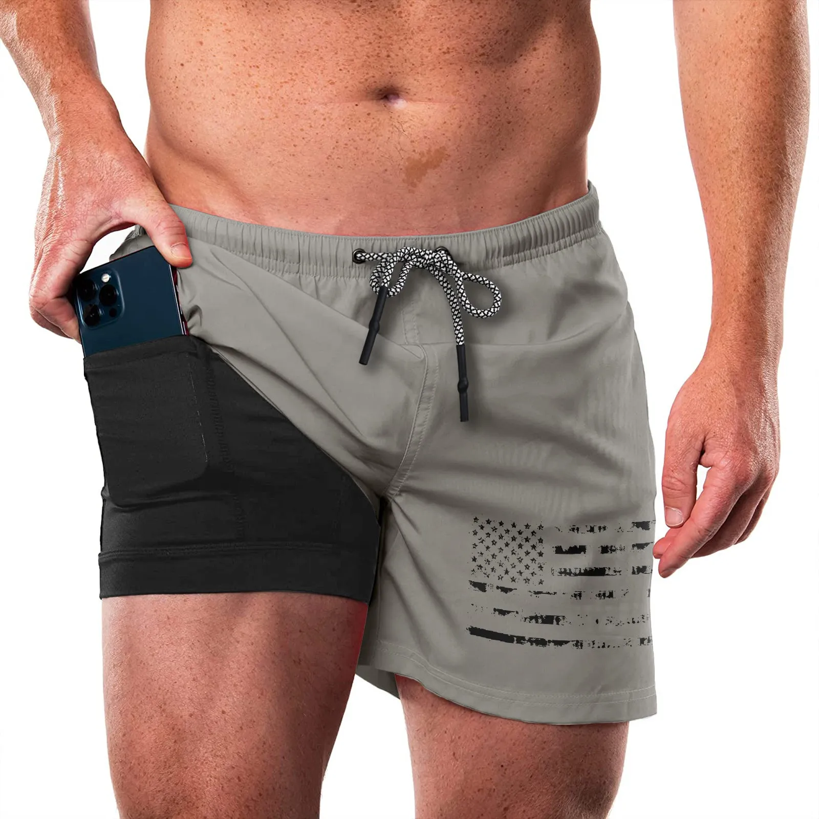USA FLAG QUICKDRY POCKET 2 IN 1 7'' INSEAM RUNNING SHORTS