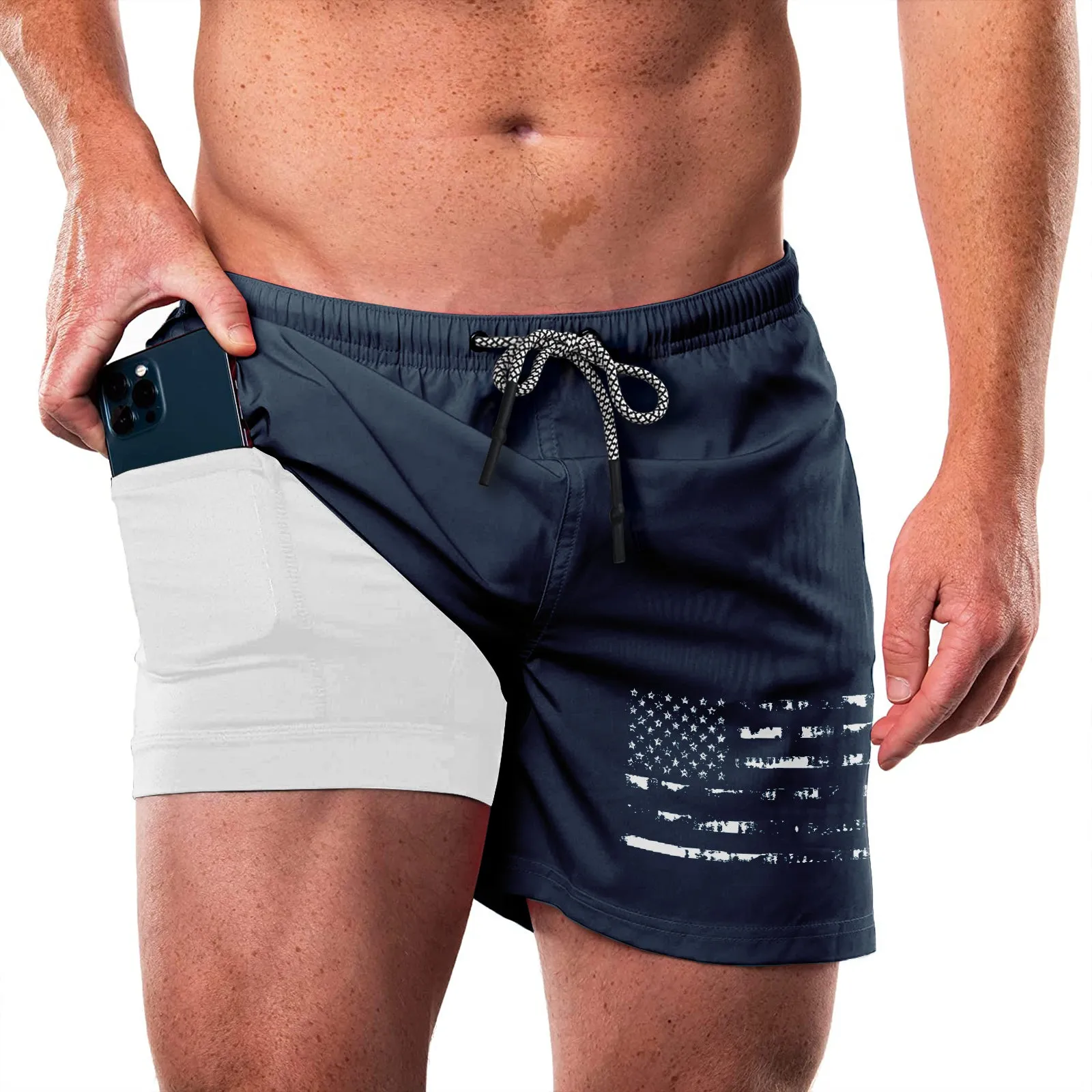 USA FLAG QUICKDRY POCKET 2 IN 1 7'' INSEAM RUNNING SHORTS