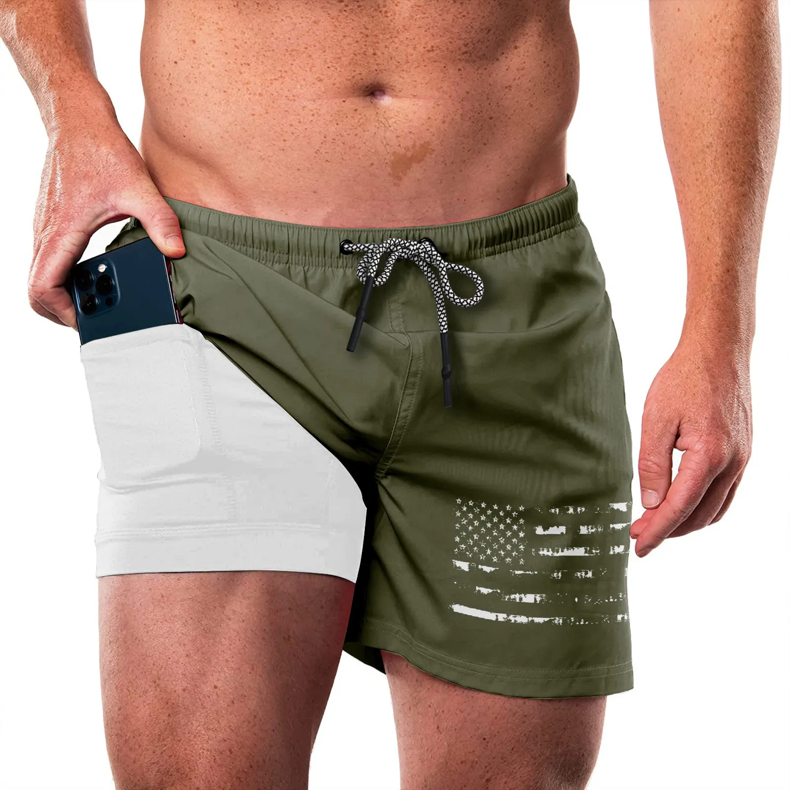 USA FLAG QUICKDRY POCKET 2 IN 1 7'' INSEAM RUNNING SHORTS