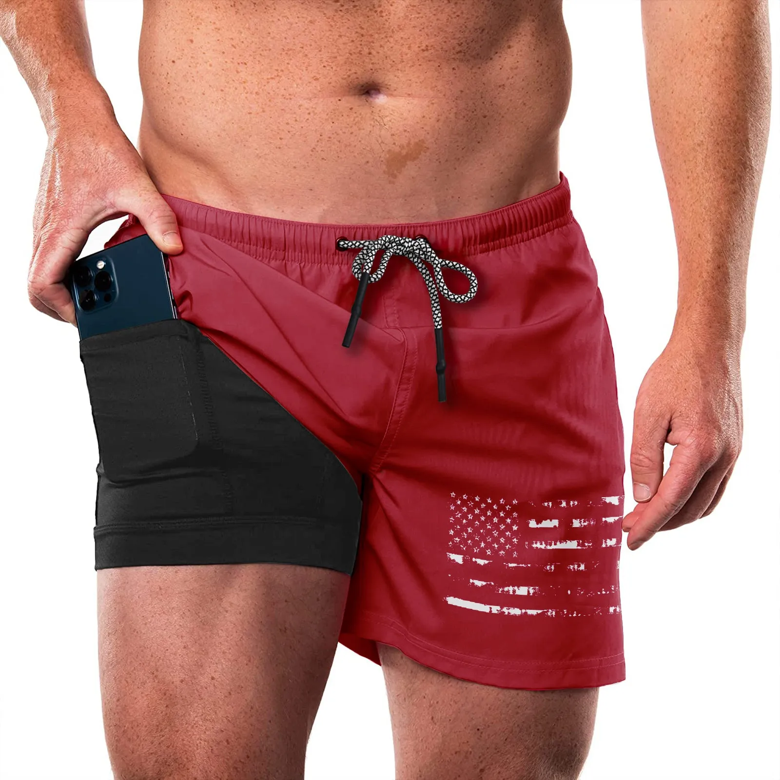 USA FLAG QUICKDRY POCKET 2 IN 1 7'' INSEAM RUNNING SHORTS