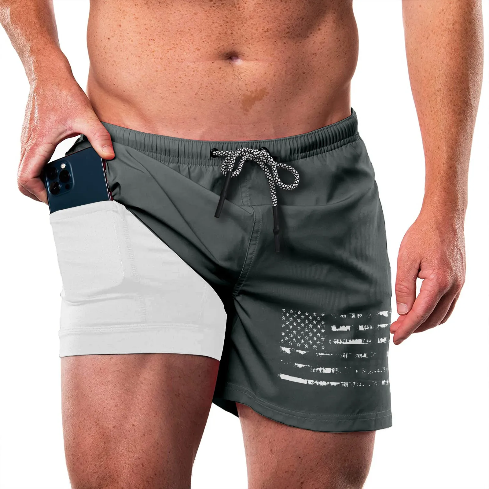 USA FLAG QUICKDRY POCKET 2 IN 1 7'' INSEAM RUNNING SHORTS