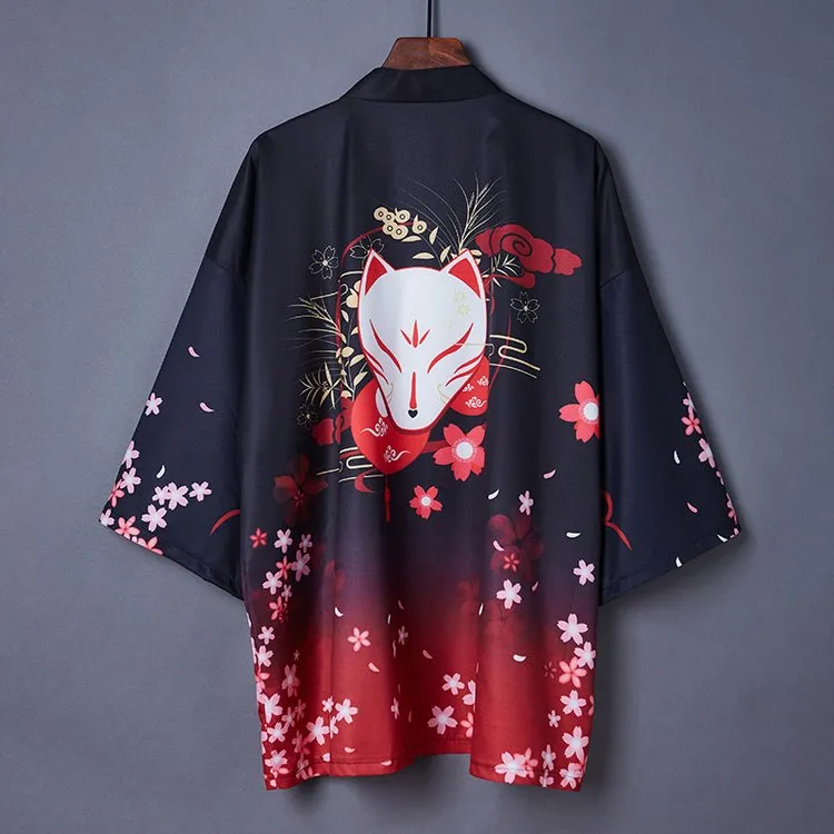 Vintage Fox Sakura Print Kimono Outerwear Sun Protective Cardigan UB7322