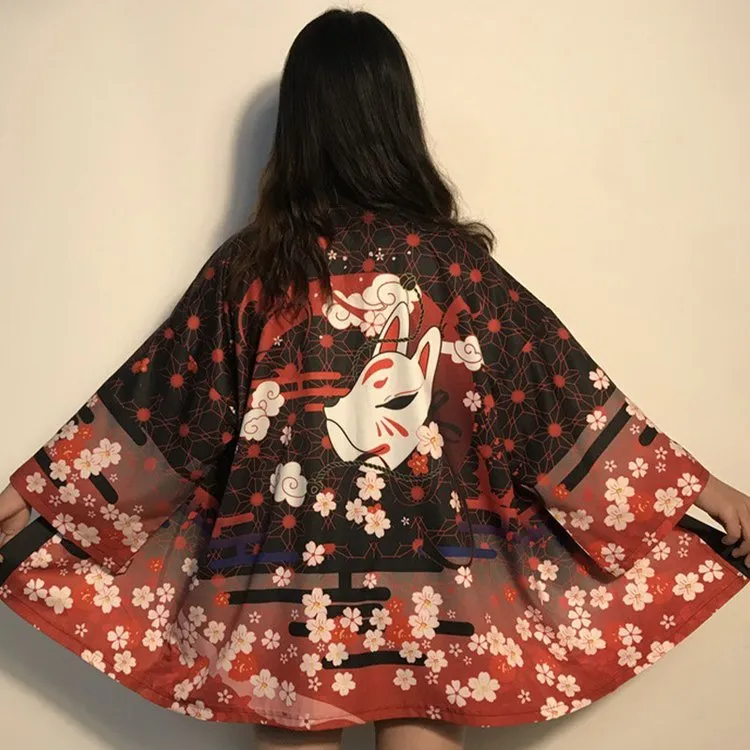 Vintage Fox Sakura Print Kimono Outerwear Sun Protective Cardigan UB7323