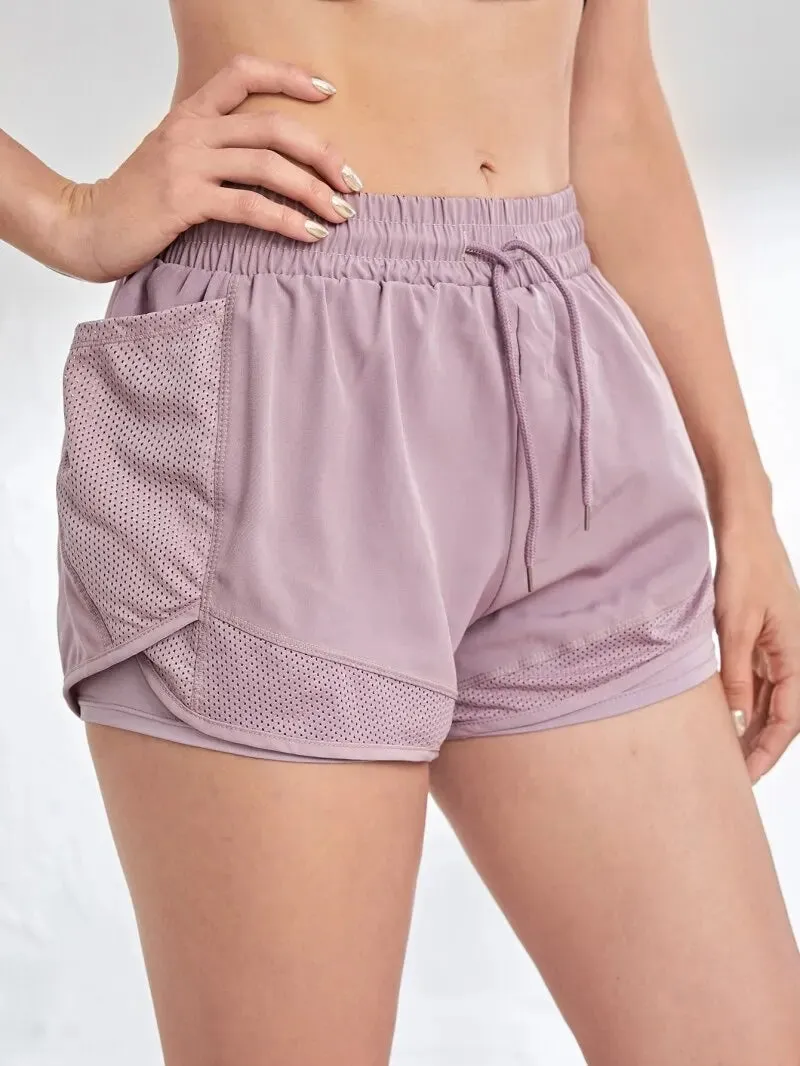 Women's Elastic Sports Shorts With Pockets, Fake Two-Piece Yoga Leggings Running And Training