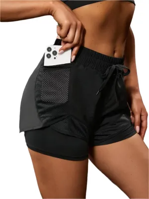 Women's Elastic Sports Shorts With Pockets, Fake Two-Piece Yoga Leggings Running And Training