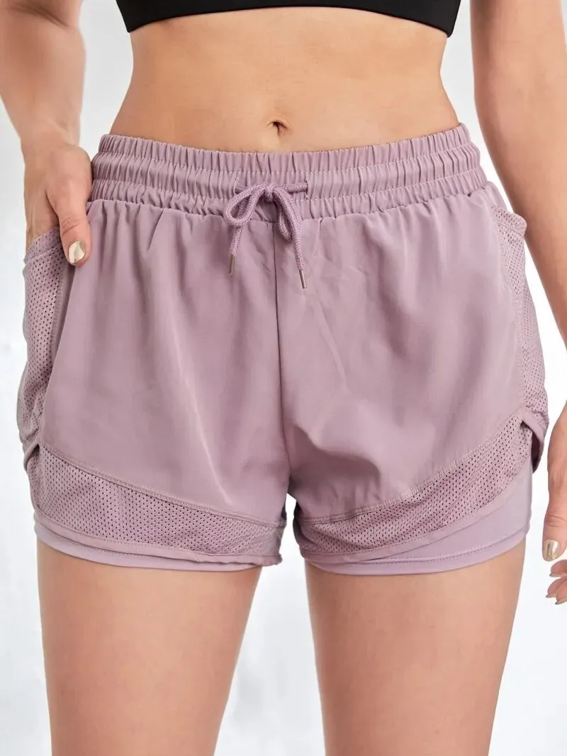 Women's Elastic Sports Shorts With Pockets, Fake Two-Piece Yoga Leggings Running And Training
