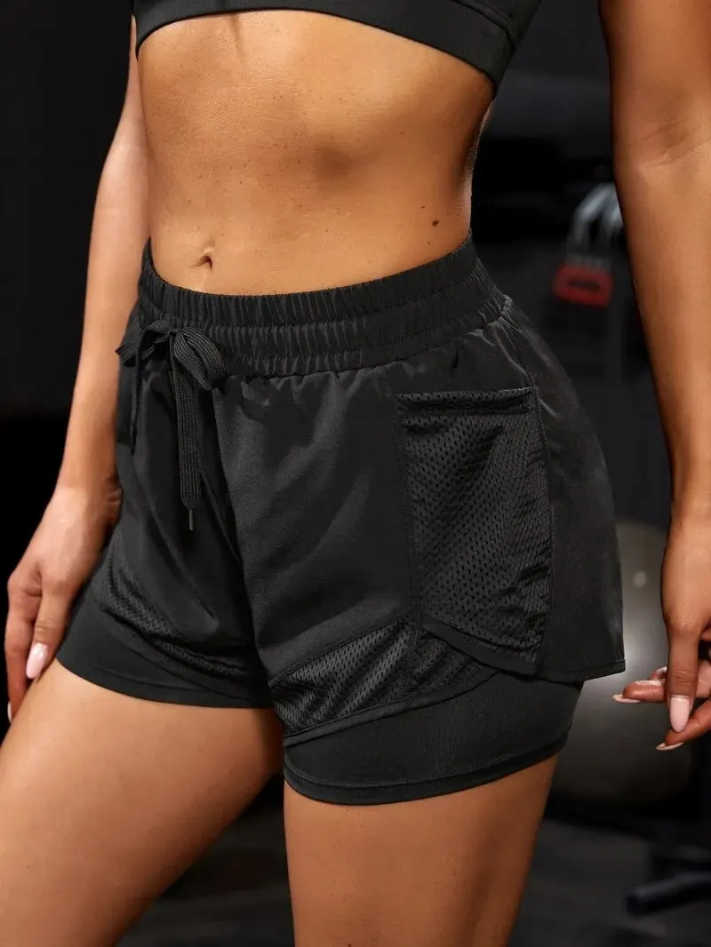 Women's Elastic Sports Shorts With Pockets, Fake Two-Piece Yoga Leggings Running And Training