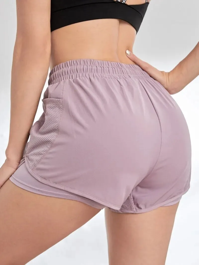 Women's Elastic Sports Shorts With Pockets, Fake Two-Piece Yoga Leggings Running And Training