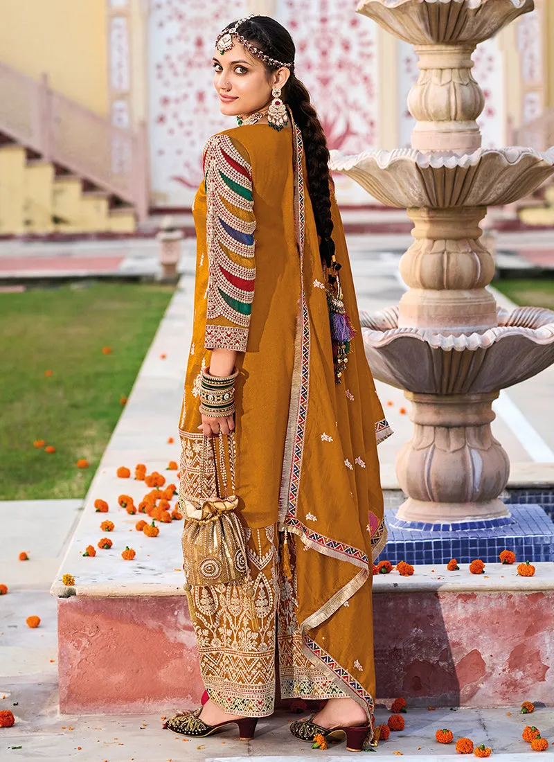 Yellow Multi Embroidery Traditional Pant Style Suit